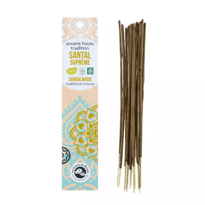 AROMANDISE - INDIA VILÁGA - SZANTÁLFA - Relaxáció 18 db/csomag - Florasense 100% természetes, ICEA minősített, FAIR TRADE indiai masala füstölőpálca- relaxáció, ellazulás, belső béke